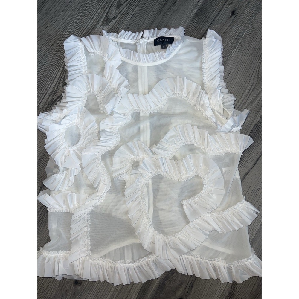 GRACIA Women's White Abstract Sleeveless Blouse Sheerβ Size Large
